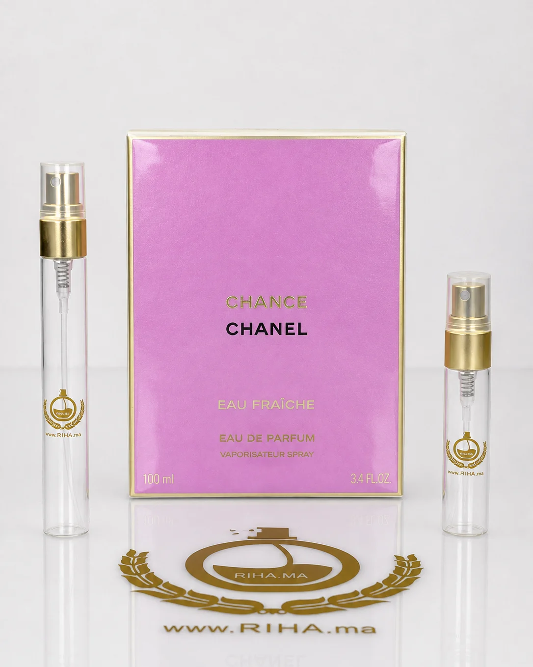 Decantage Chance Chanel Eau Fraiche Pour Femme Flacon de decantage chance chanel posé sur fond blanc