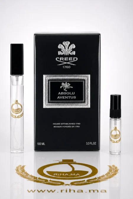 décantage creed aventus absolu — Flacon de décantage absolu aventus creed posé sur fond sombre