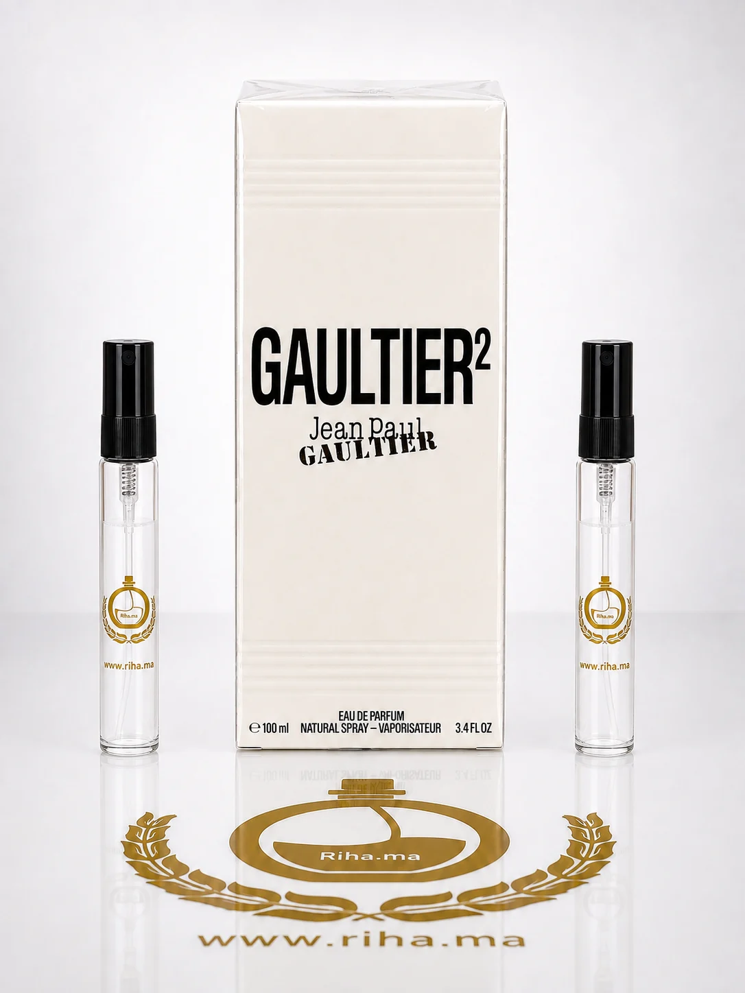 Decantage Gaultier² Jean Paul Gaultier Eau de Parfum Pour Homme et Femme Flacon de decantage gaultier² jean paul gaultier posé sur fond doré