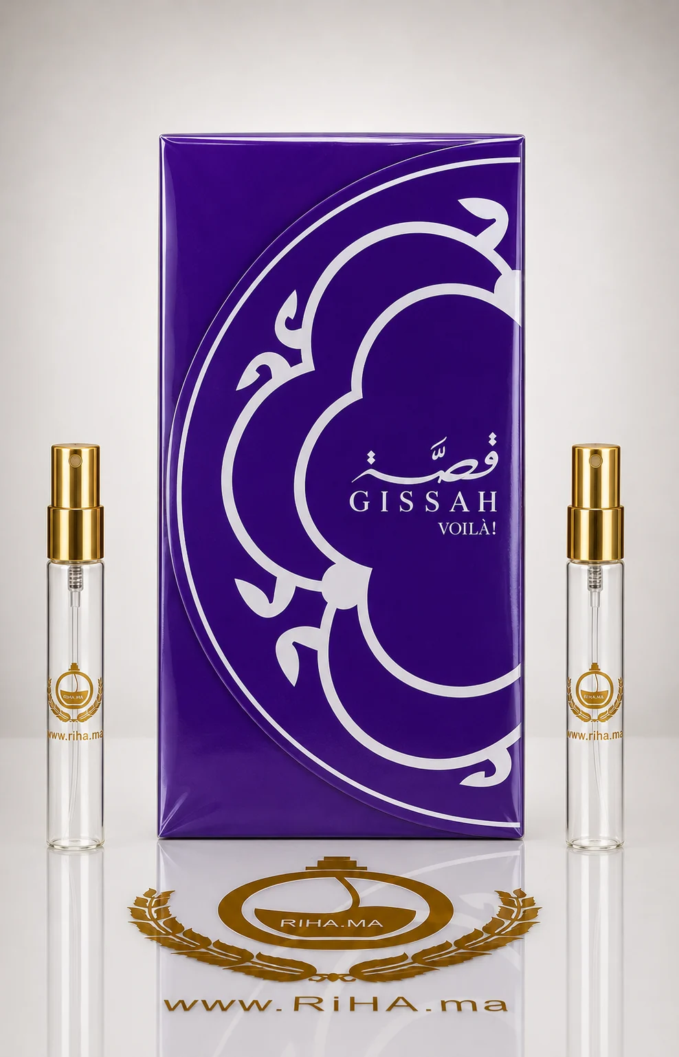 Decantage Gissah Voila Eau de Parfum Authentic decantage gissah voila — Flacon de décantage Gissah Voila posé sur fond doré