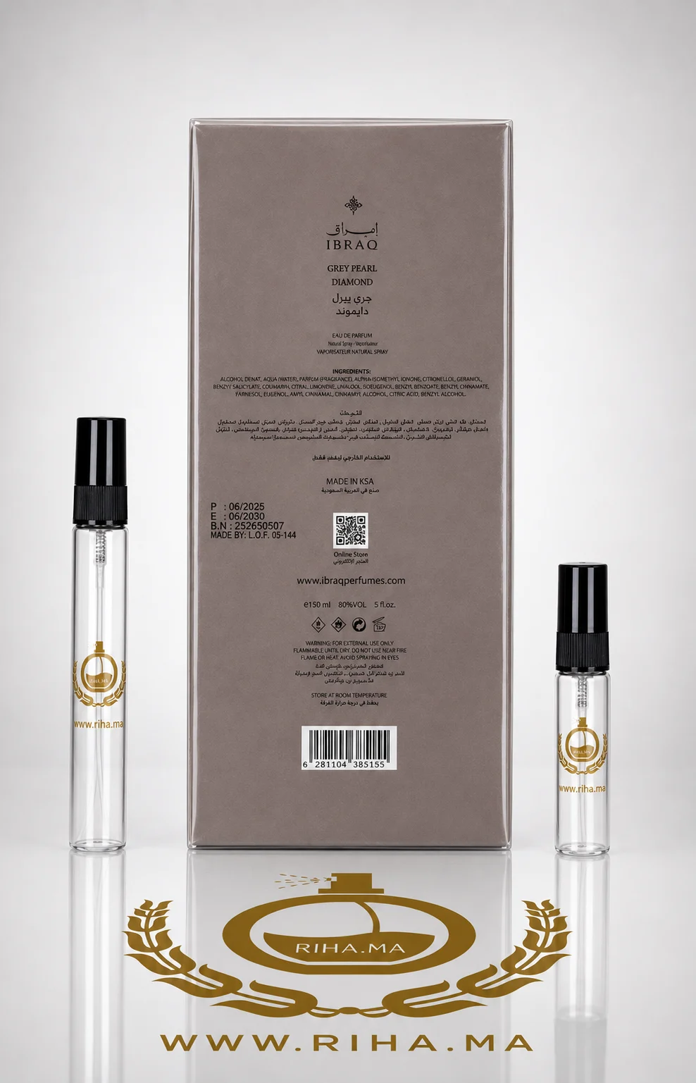 Decantage Grey Pearl Diamond Ibrahim Al Qurashi Authentic — photo 2 decantage grey pearl diamond ibrahim al qurashi — Flacon de décantage grey pearl diamond ibrahim al qurashi posé sur fond doré — vue 2