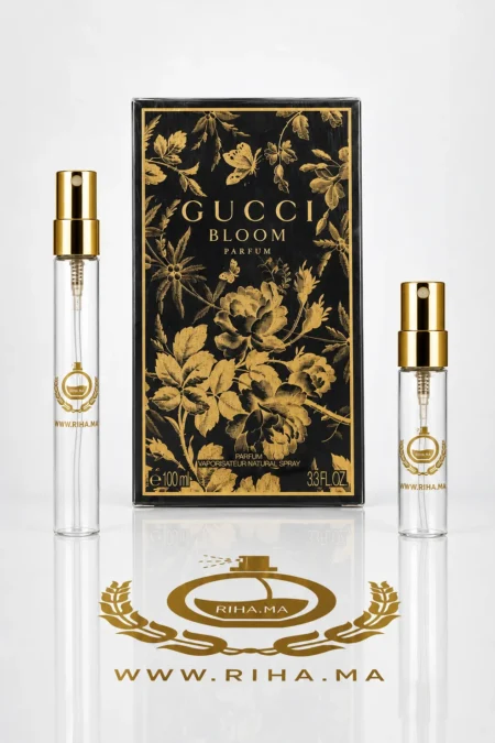 decantage gucci bloom — Flacon de décantage Gucci Bloom posé sur fond floral élégant