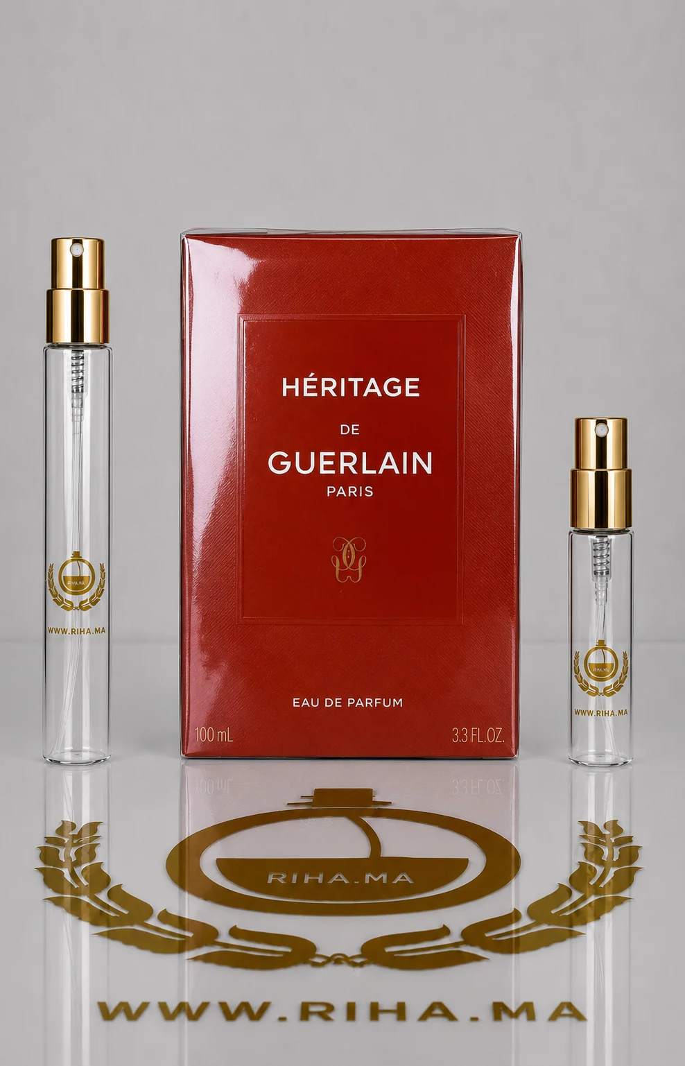 Decantage Heritage Eau de Parfum Guerlain Pour Homme Authentic decantage heritage — Flacon de décantage Heritage de Guerlain posé sur fond élégant