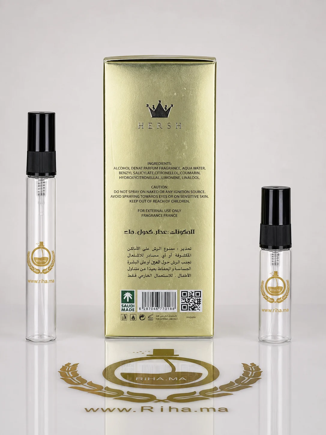 Decantage Hersh Lahab Alezz Oud Parfum Pour Homme et Femme — photo 2 Flacon de decantage hersh lahab alezz oud posé sur fond boisé — vue 2