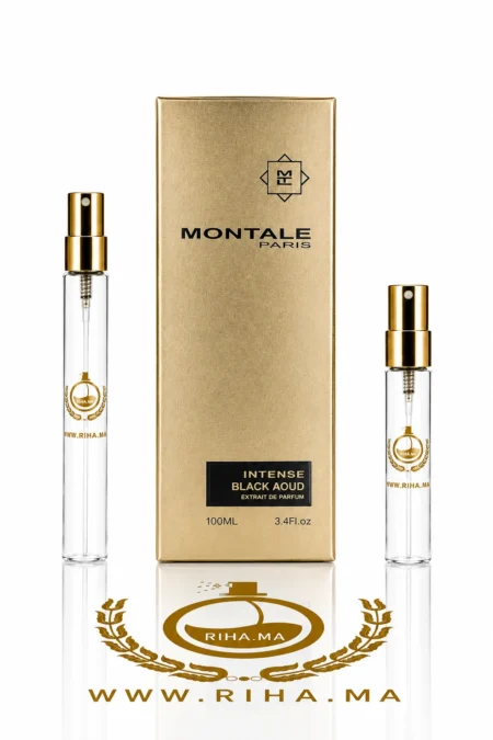 decantage intense black aoud montale — Flacon de décantage intense black aoud montale posé sur fond sombre