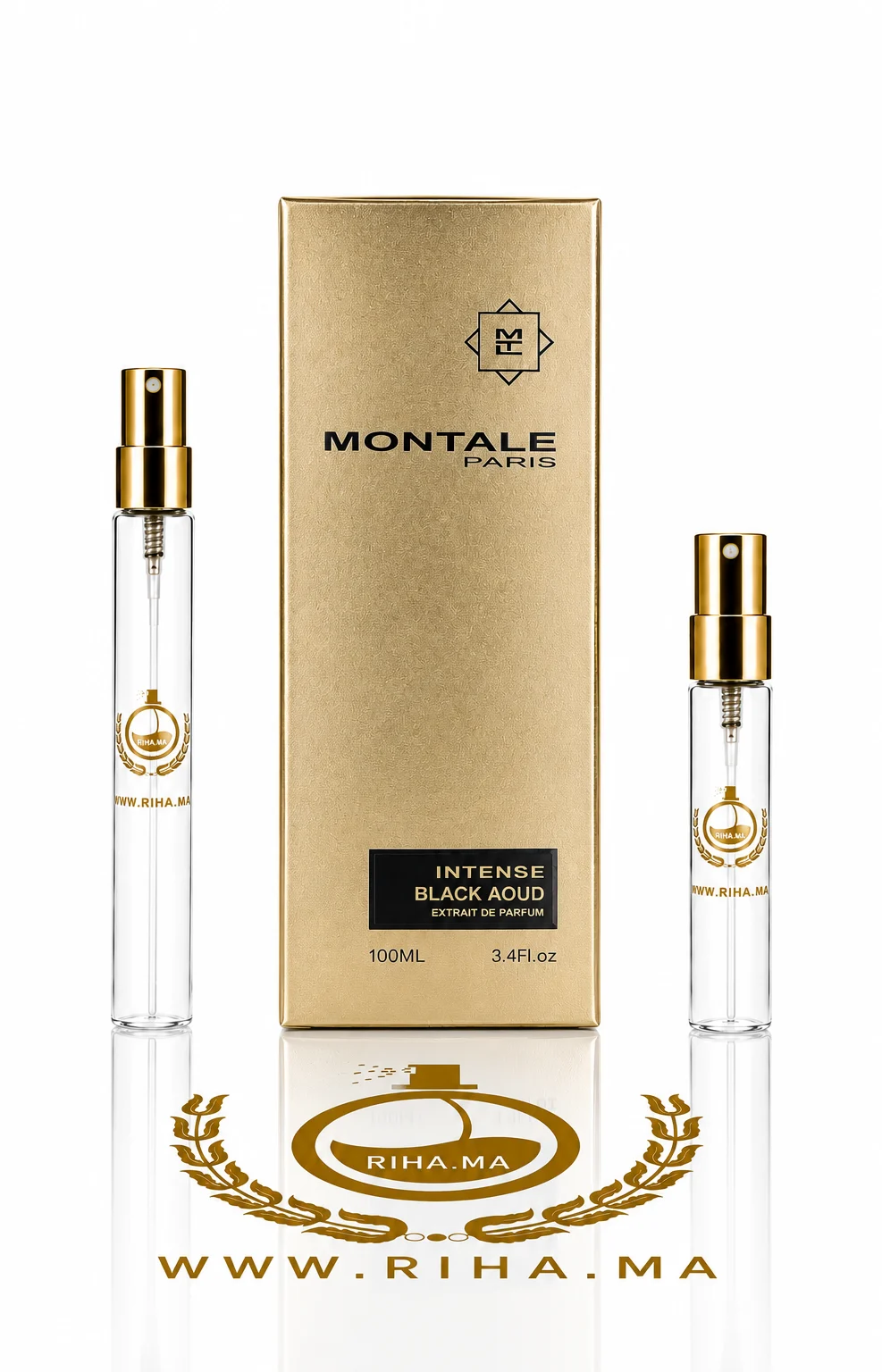 Decantage Intense Black Aoud Montale Eau de Parfum Pour Homme Authentic decantage intense black aoud montale — Flacon de décantage intense black aoud montale posé sur fond sombre