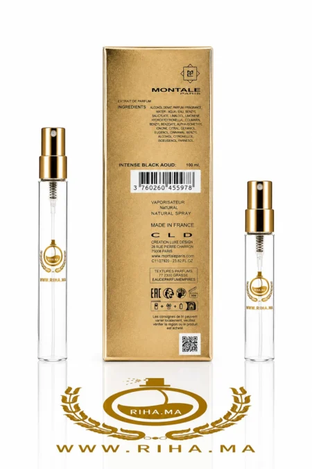 decantage intense black aoud montale — Flacon de décantage intense black aoud montale posé sur fond sombre — vue 2