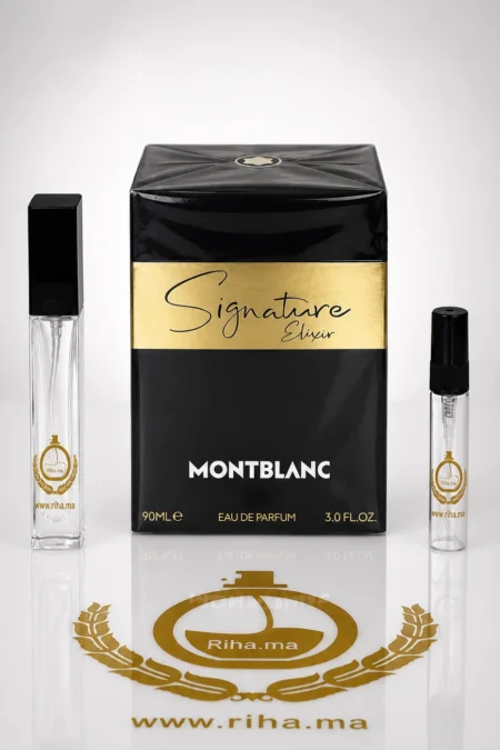 decantage montblanc signature elixir — Flacon de décantage Montblanc Signature Elixir posé sur fond sombre