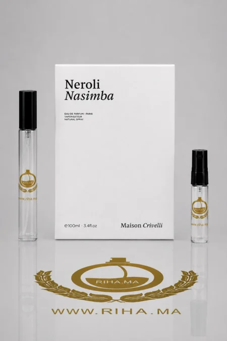 decantage neroli nasimba maison crivelli — Flacon de décantage neroli nasimba maison crivelli posé sur fond clair