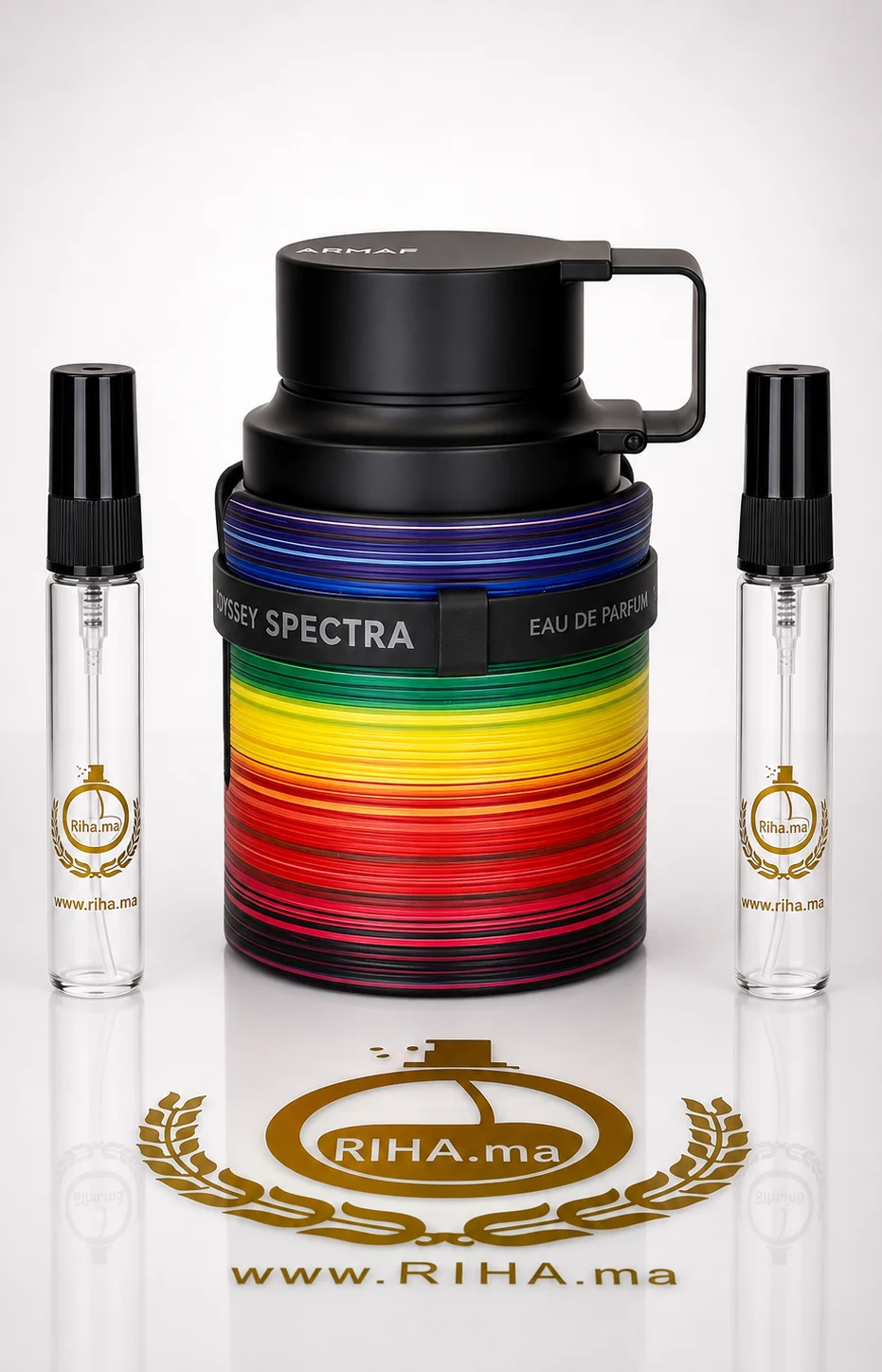 Decantage Odyssey Spectra Armaf Eau de Parfum Authentic decantage odyssey spectra armaf — Flacon de décantage Odyssey Spectra Armaf posé sur fond doré
