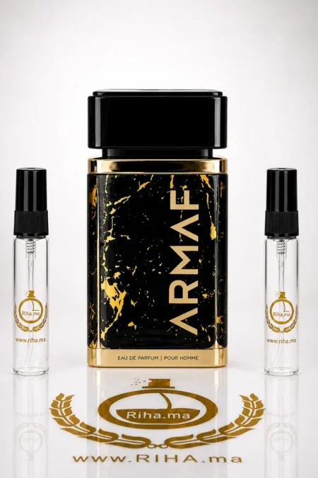 decantage ombre dor armaf — Flacon de décantage Ombre d'Or Armaf posé sur fond doré