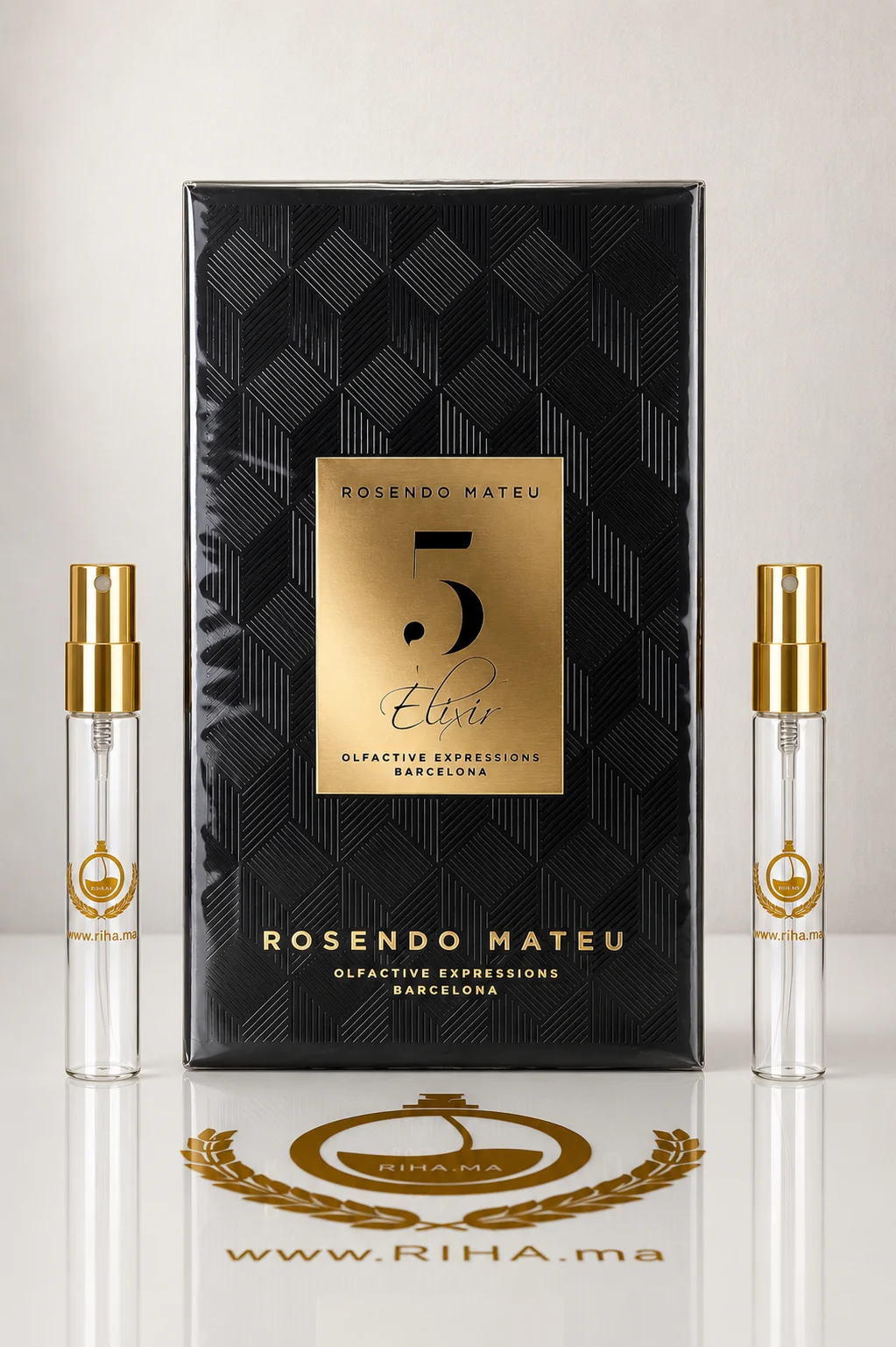 Decantage Rosendo Mateu Nº 5 Elixir Rosendo Mateu Olfactive Expressions Authentic decantage rosendo mateu n — Flacon de décantage Rosendo Mateu No 5 Elixir sur fond doré