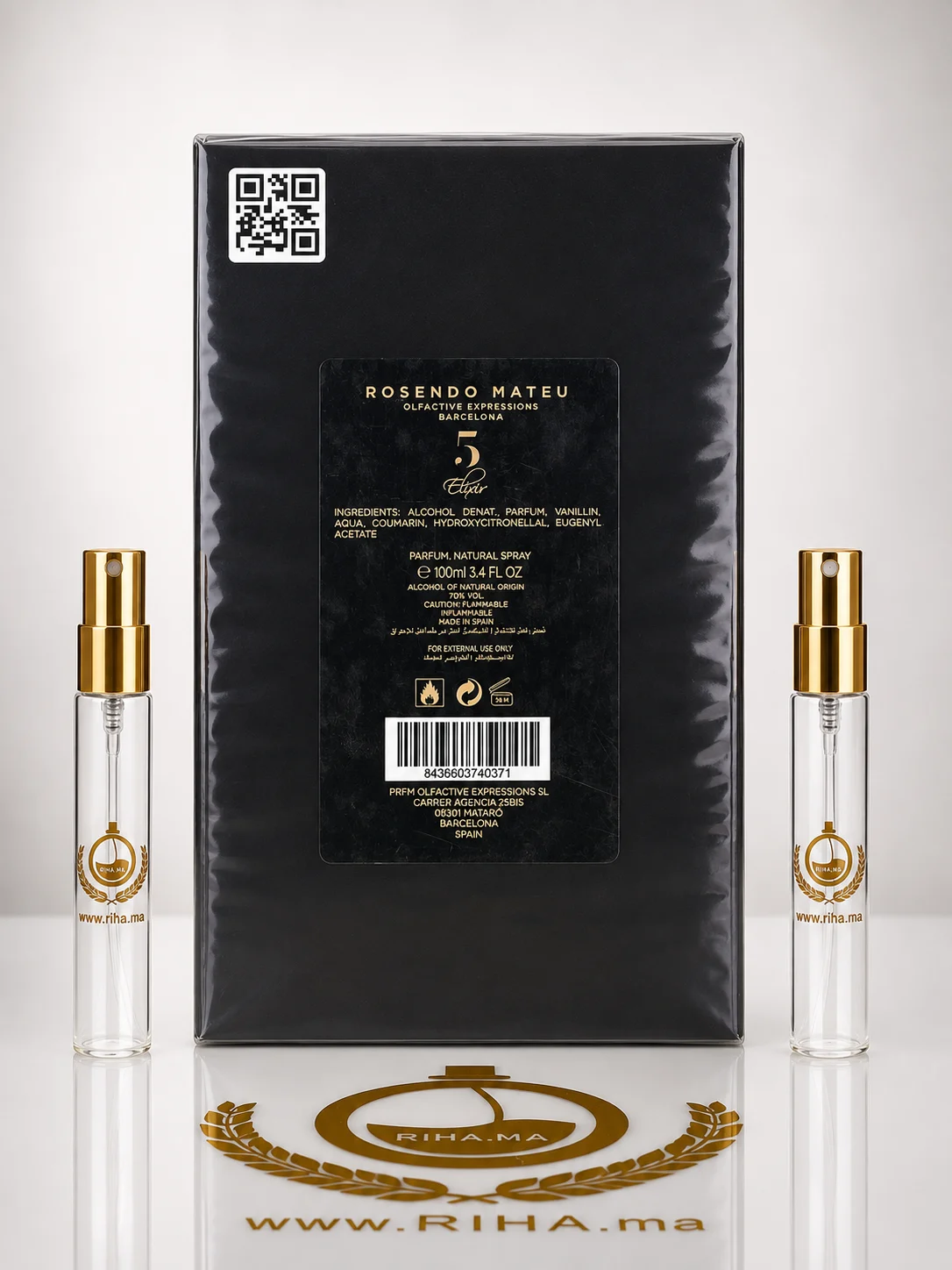 Decantage Rosendo Mateu Nº 5 Elixir Rosendo Mateu Olfactive Expressions Authentic — photo 2 decantage rosendo mateu n — Flacon de décantage Rosendo Mateu No 5 Elixir sur fond doré — vue 2