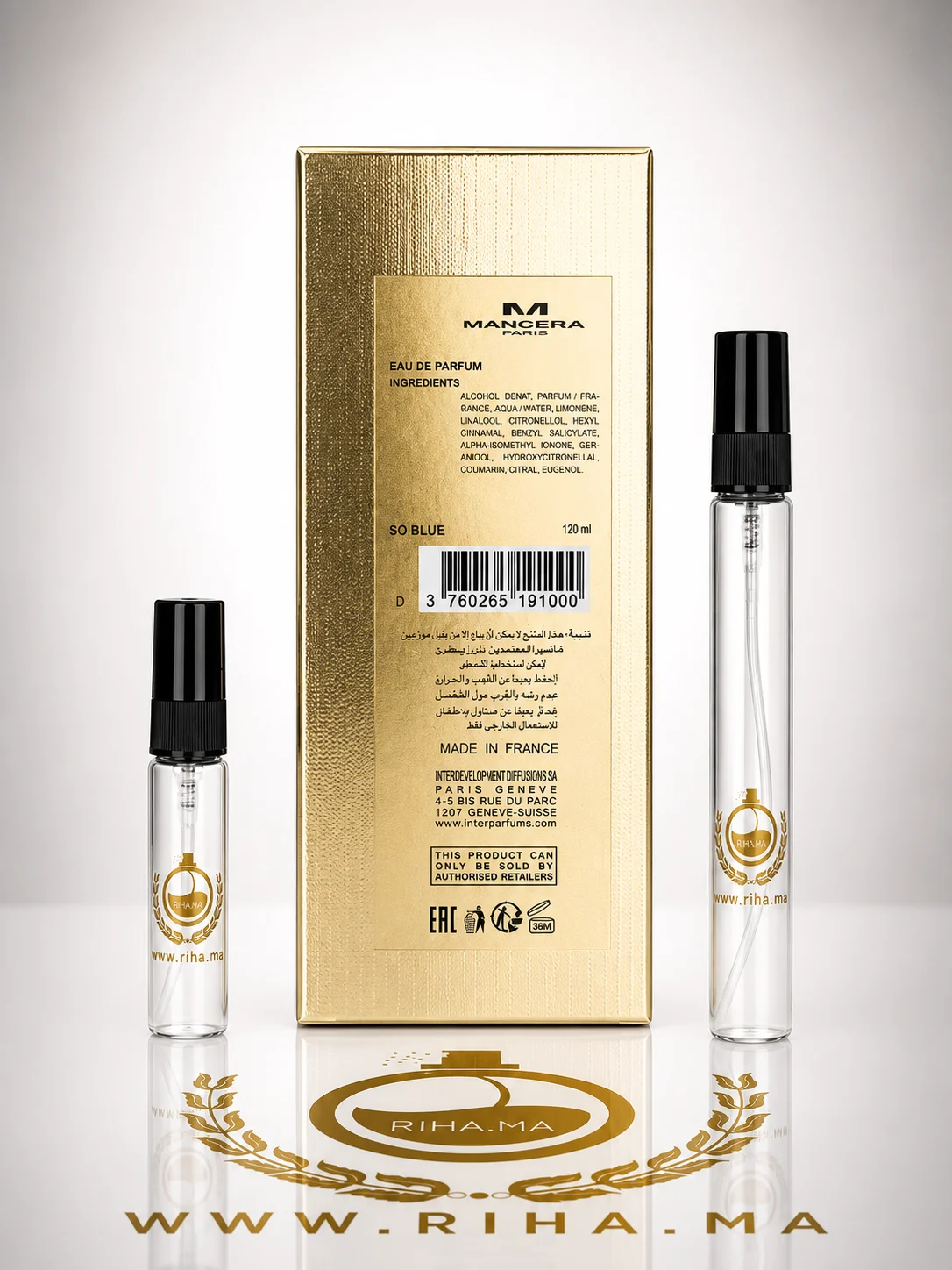 Decantage So Blue Mancera Eau de Parfum — photo 2 decantage so blue mancera — Flacon de décantage So Blue Mancera posé sur fond bleu — vue 2