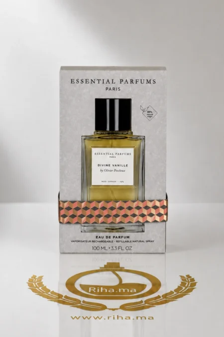 Flacon de parfum divine vanille by essential parfums sur fond doré