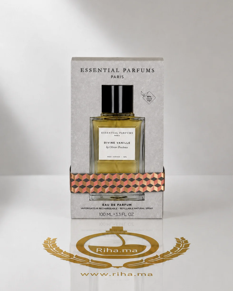 Divine Vanille by Essential Parfums – Eau de Parfum 100ml Flacon de parfum divine vanille by essential parfums sur fond doré