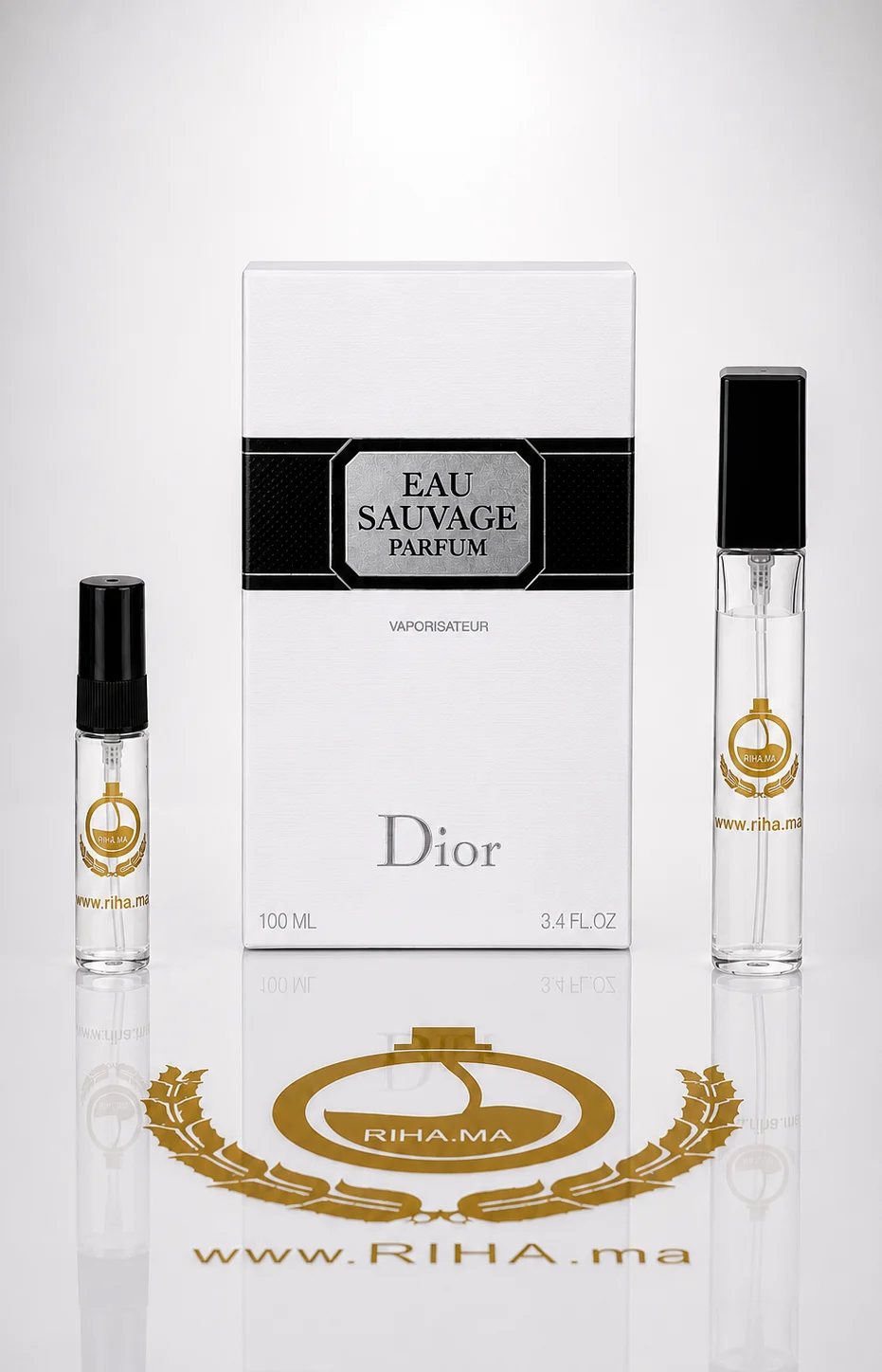 Eau Sauvage Parfum décantage 10ml decantage — Flacon de décantage Eau Sauvage Parfum Dior posé sur fond neutre