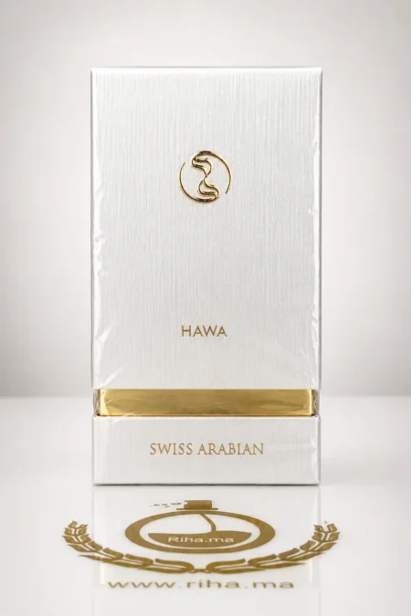 Flacon de parfum Hawa Swiss Arabian élégant sur fond doré