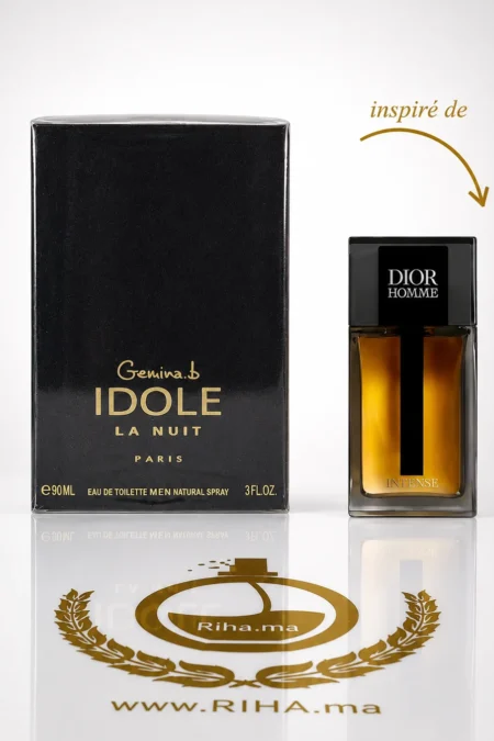 Flacon de parfum Idole La Nuit Gemina B. sur fond sombre élégant
