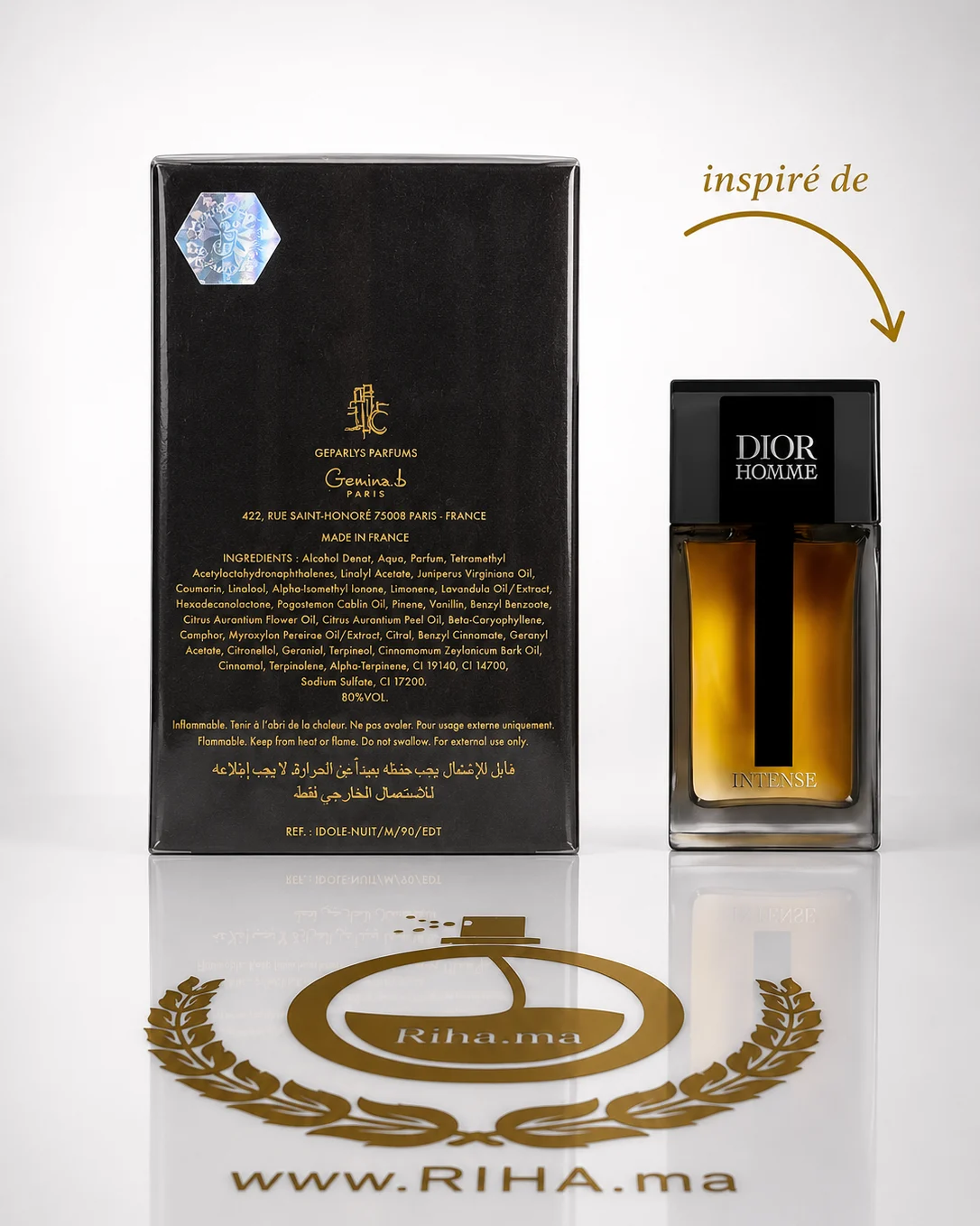 Idole La Nuit Gemina B. Eau De Parfum Pour Homme 100ml — photo 2 Flacon de parfum Idole La Nuit Gemina B. sur fond sombre élégant — vue 2