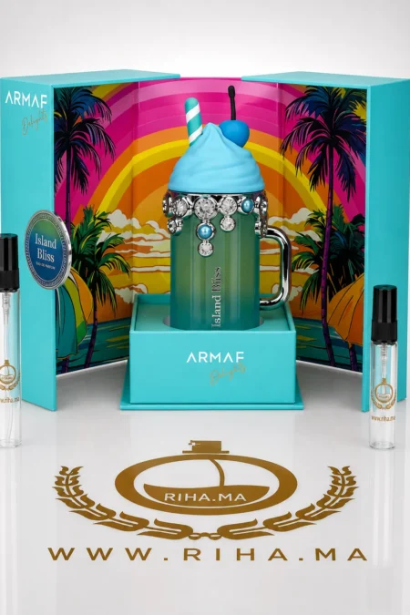 island bliss armaf décantage — Flacon de décantage Island Bliss Armaf posé sur fond pastel