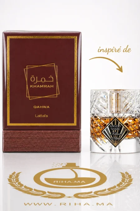 Flacon de parfum Khamrah Qahwa Lattafa posé sur fond doré