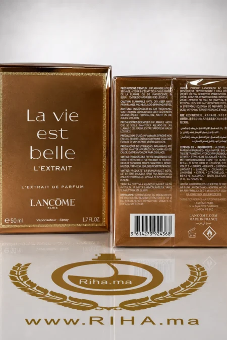 Flacon de parfum la vie est belle lextrait Lancôme sur fond doré — vue 2