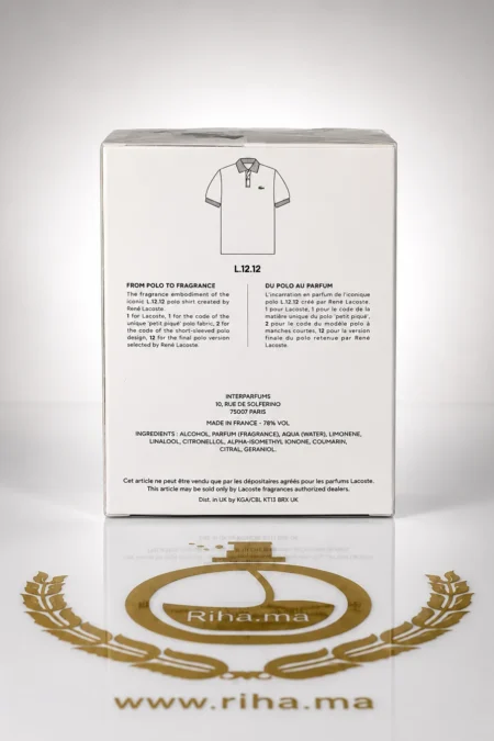Flacon de parfum Lacoste L.12.12. Blanc sur fond blanc épuré — vue 2