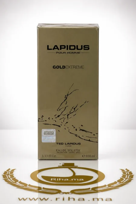 Flacon de Lapidus Pour Homme Gold Extreme posé sur fond sombre
