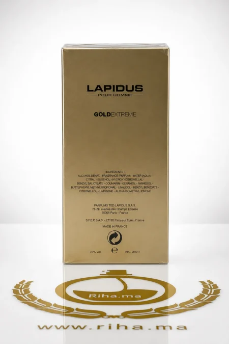 Flacon de Lapidus Pour Homme Gold Extreme posé sur fond sombre — vue 2