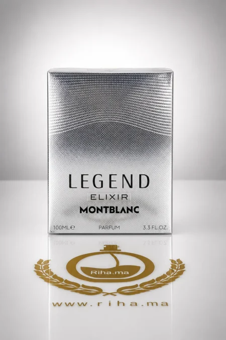Flacon de parfum Legend Elixir Montablanc sur fond noir élégant