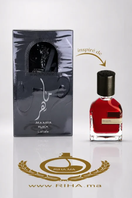 Flacon de Maahir Black Edition Lattafa Perfumes sur fond sombre