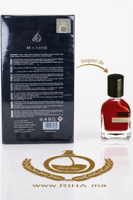 Flacon de Maahir Black Edition Lattafa Perfumes sur fond sombre — vue 2