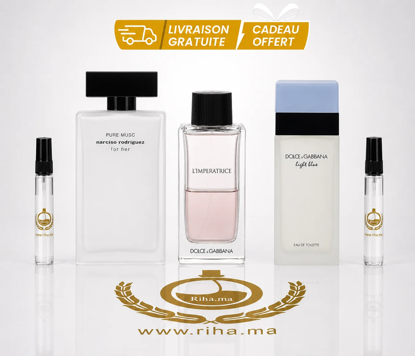 Pack Décantage Femme – Narciso Rodriguez Pure Musc + Light Blue Dolce Gabbana + L’Imperatrice 5ml 10ml Authentic pack decantage femme — Pack décantage femme avec flacons de parfum Narciso Rodriguez et Dolce Gabbana