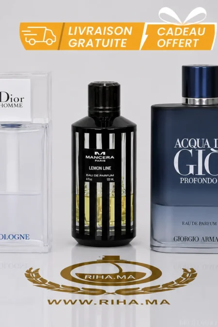 Pack decantage parfum homme Dior Mancera Armani sur fond clair