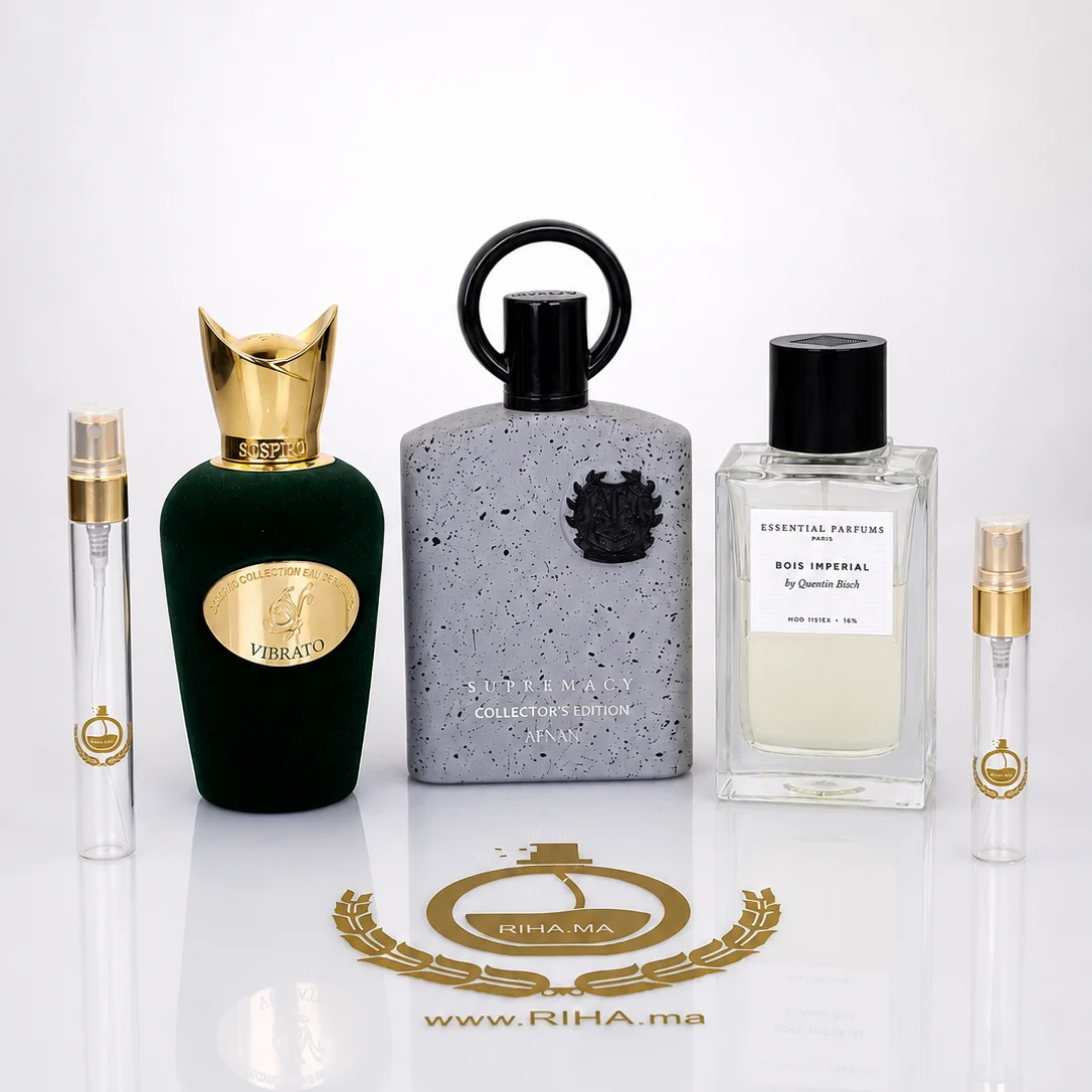 Pack Decantage Promo / Supermacy Collection Edition /Essential Parfums Bois Impérial /Sospiro Collection vibrato / 5ml - 10ml pack decantage supermacy — Pack décantage supermacy avec flacons de parfum boisés sur fond neutre
