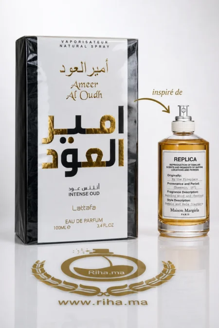 Flacon de parfums ameer al oudh intense oud lattafa sur fond sombre