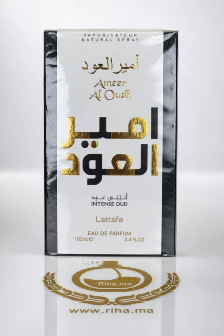 Flacon de parfums ameer al oudh intense oud lattafa sur fond sombre