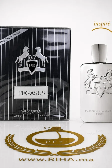 Flacon de parfum pegasus fragrance world sur fond sombre