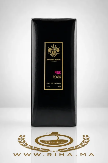 Flacon de parfum pink roses mancera sur fond rose élégant