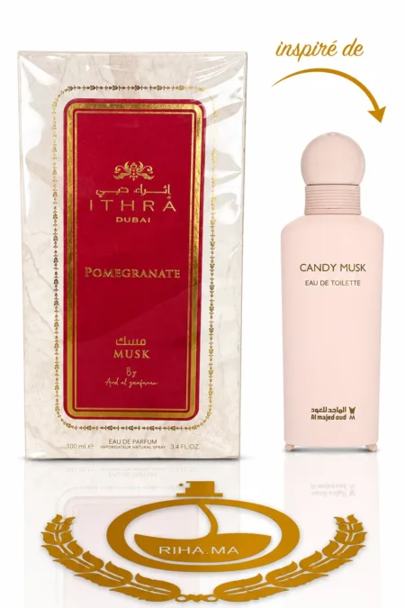 Flacon de parfum pomegranate ithra sur fond élégant