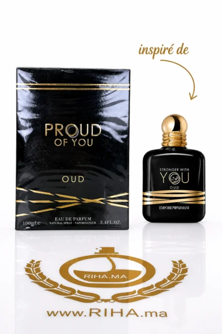 Flacon de parfum proud of you oud sur fond sombre élégant