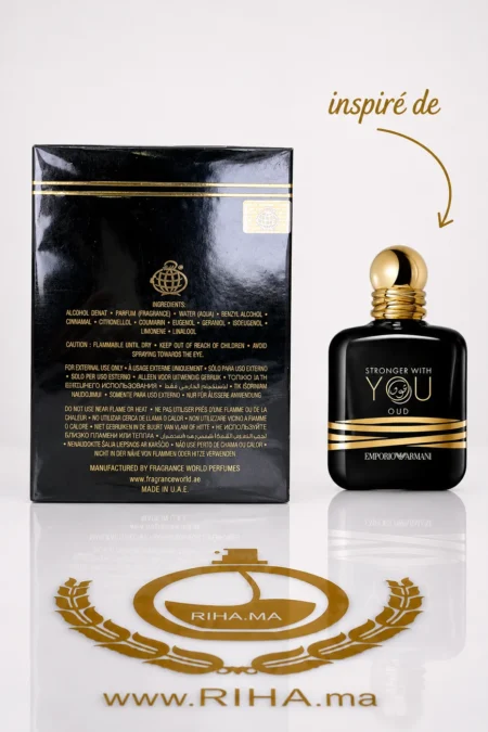 Riha.ma | Vente de Parfum Original Au Maroc Pour Homme Et Femme 32 Flacon de parfum proud of you oud sur fond sombre élégant — vue 2