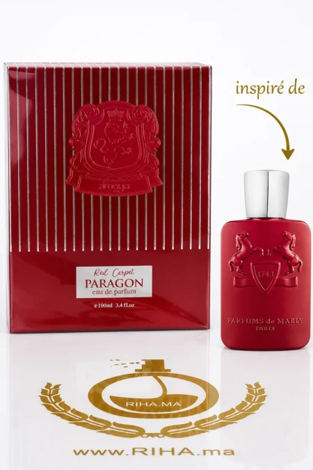 Flacon de parfum Red Carpet Paragon Zimaya sur fond sombre élégant