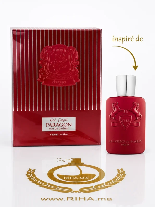 Flacon de parfum Red Carpet Paragon Zimaya sur fond sombre élégant