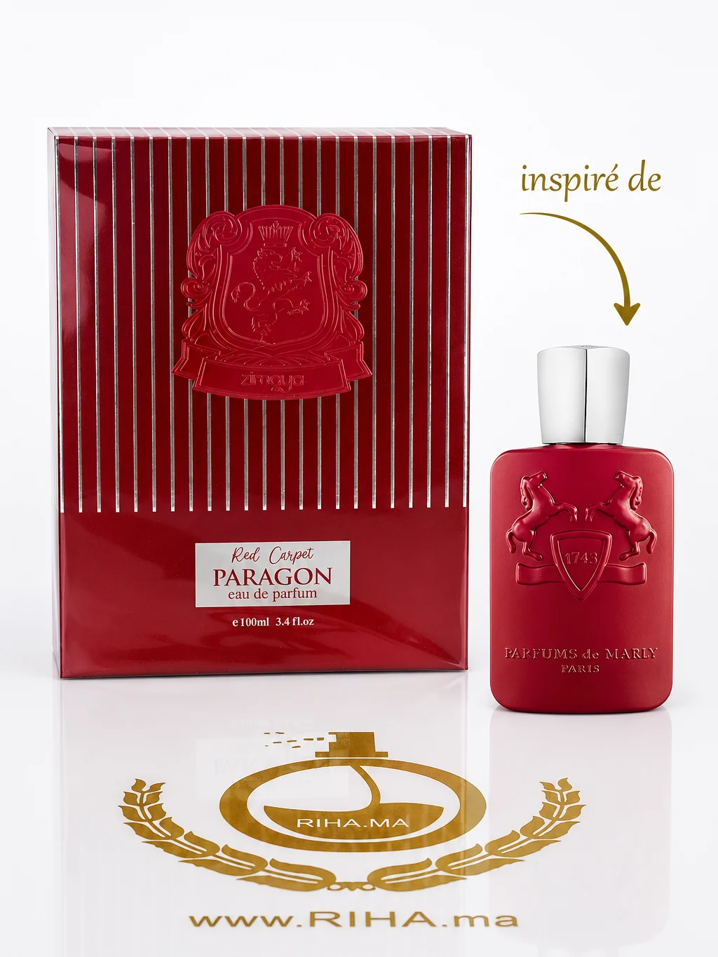 Red Carpet Paragon Zimaya - inspiré de Kalan de Marly Flacon de parfum Red Carpet Paragon Zimaya sur fond sombre élégant