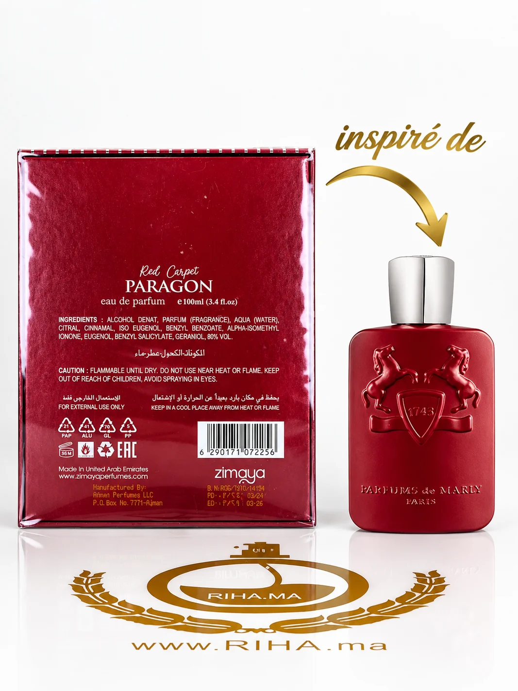 Red Carpet Paragon Zimaya - inspiré de Kalan de Marly — photo 2 Flacon de parfum Red Carpet Paragon Zimaya sur fond sombre élégant — vue 2