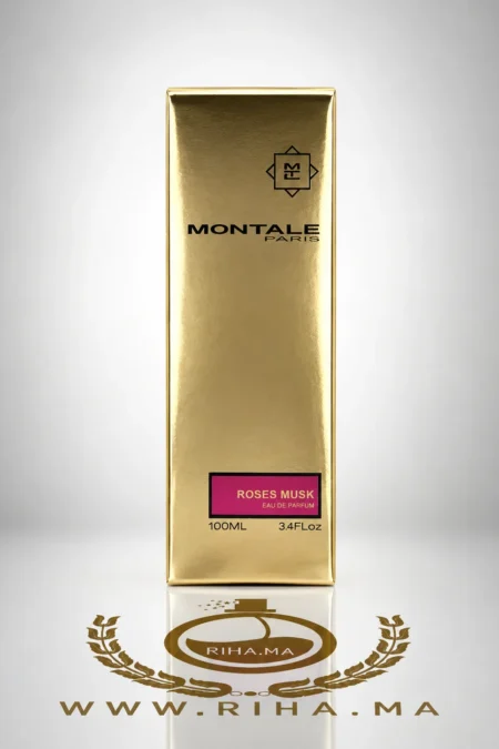 Flacon de parfum Roses Musk Montale sur fond rose élégant