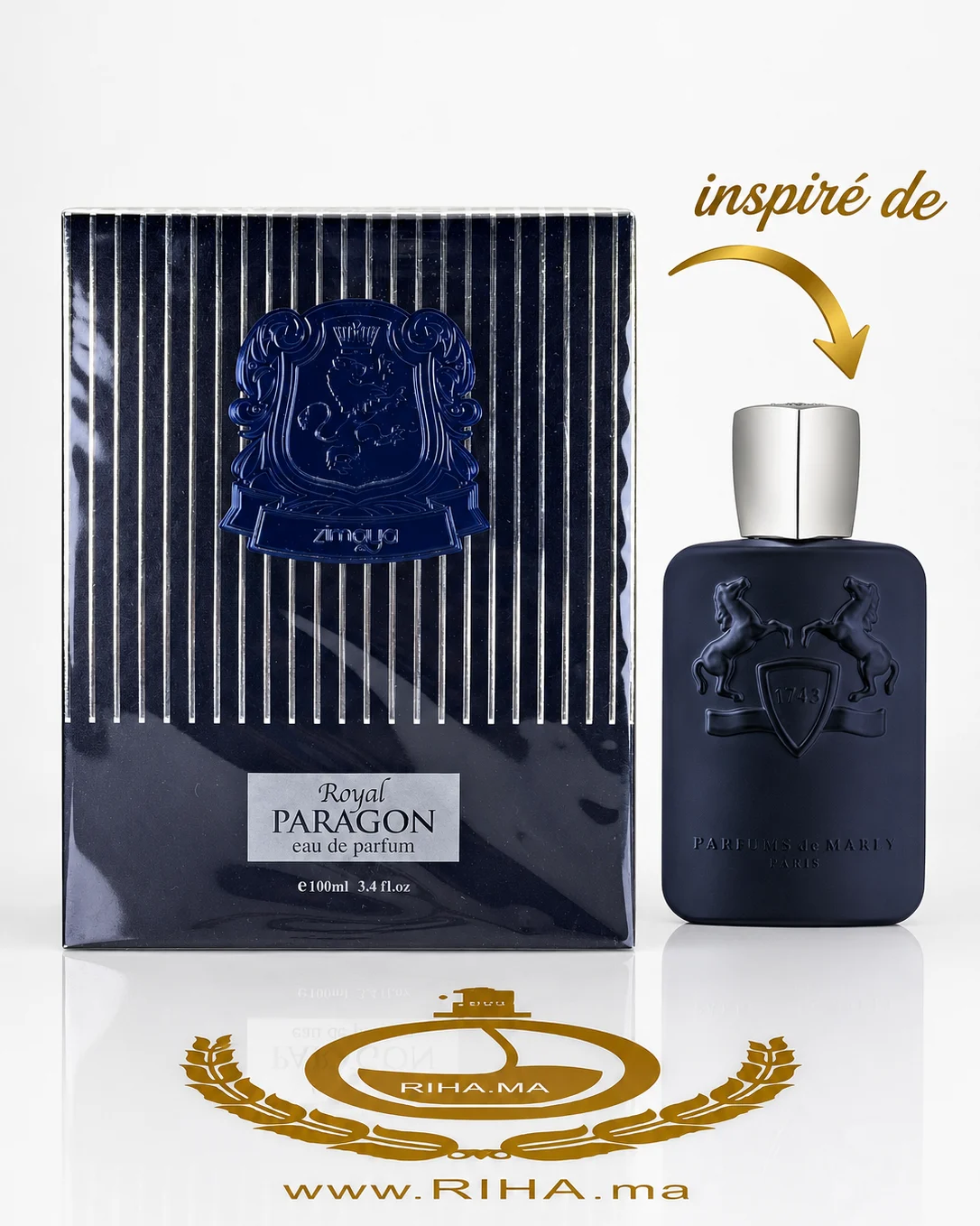 Royal Paragon Zimaya - inspiré de Layton Exclusif de Marly Flacon de Royal Paragon Zimaya sur fond doré élégant