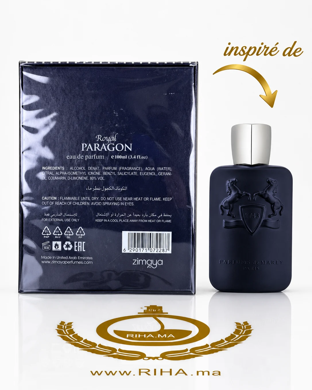 Royal Paragon Zimaya - inspiré de Layton Exclusif de Marly — photo 2 Flacon de Royal Paragon Zimaya sur fond doré élégant — vue 2